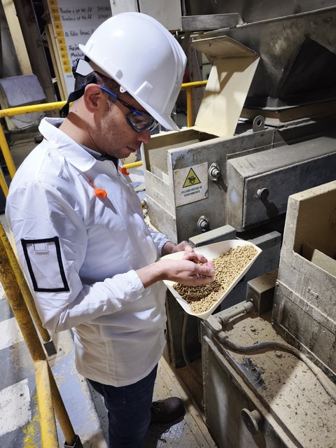 man looking at animal feed in a feed plant